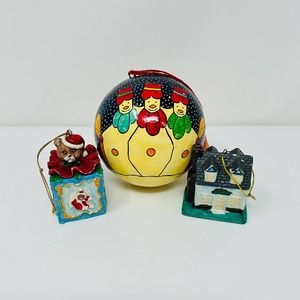 Vintage Christmas Ornaments Set of 3 Handpainted Snowmen House Holiday Bear